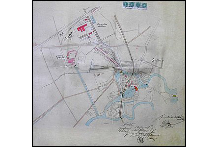 Plán z r.1885, na kterém se ešilo napojení obou cukrovar na vodu z Moravy.