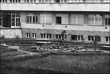 Malebné kvtinové záhony v nemocniní zahrad v dob po roce 1955.