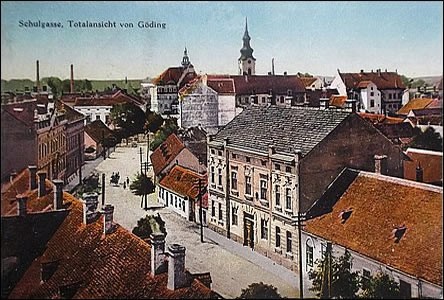 Fotografie pochází asi z roku 1914, kdy se dnešní ulice Dobrovolského (od r.1892 do 9.9.1919) jmenovala Schul-Gasse, Schulgasse a nebo také Školní.