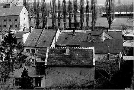 Domky u Koupelní ulice, vzadu sýpka a stadion v Rybáích v 70' létech.