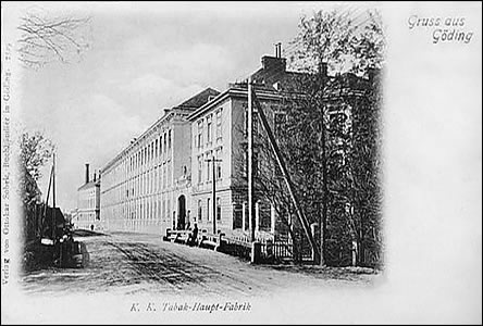 Tabáková továrna na pohlednici asi z roku 1900.
