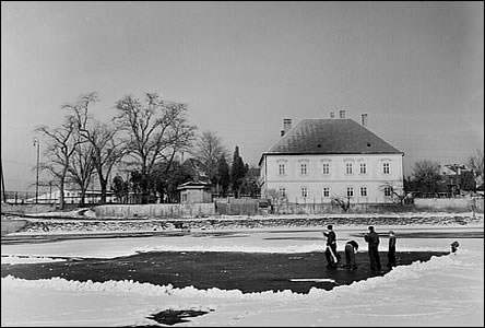 Úpravy ledové plochy na Morav za zámekem v roce 1956.